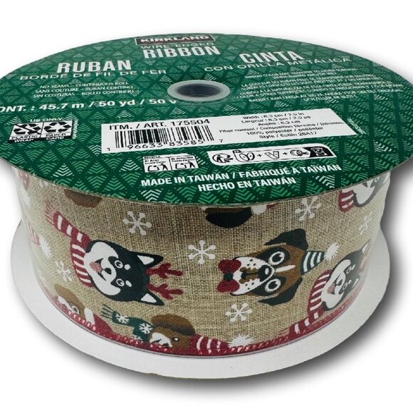 Kirkland Other - Kirkland Christmas Wire-Edged Ribbon Dogs Scarves Puppies Pets 2.5" wide 50 yard